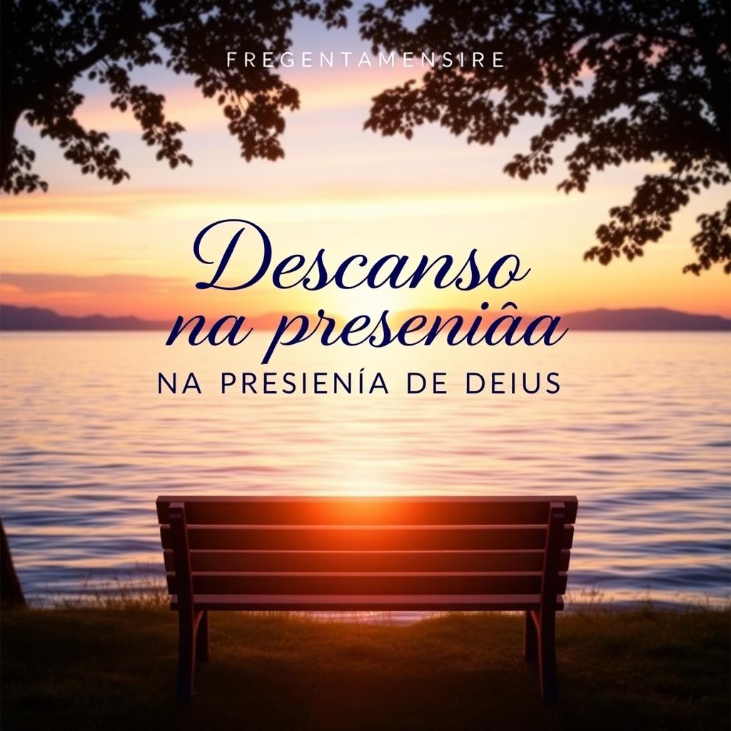 A peaceful and inspiring cover design for a devotional book titled 'DESCANSO NA PRESENÇA DE DEUS' (Rest in the Presence of God)