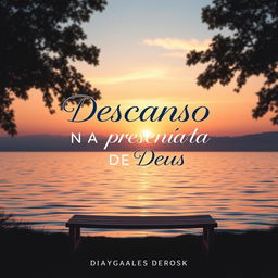 A peaceful and inspiring cover design for a devotional book titled 'DESCANSO NA PRESENÇA DE DEUS' (Rest in the Presence of God)