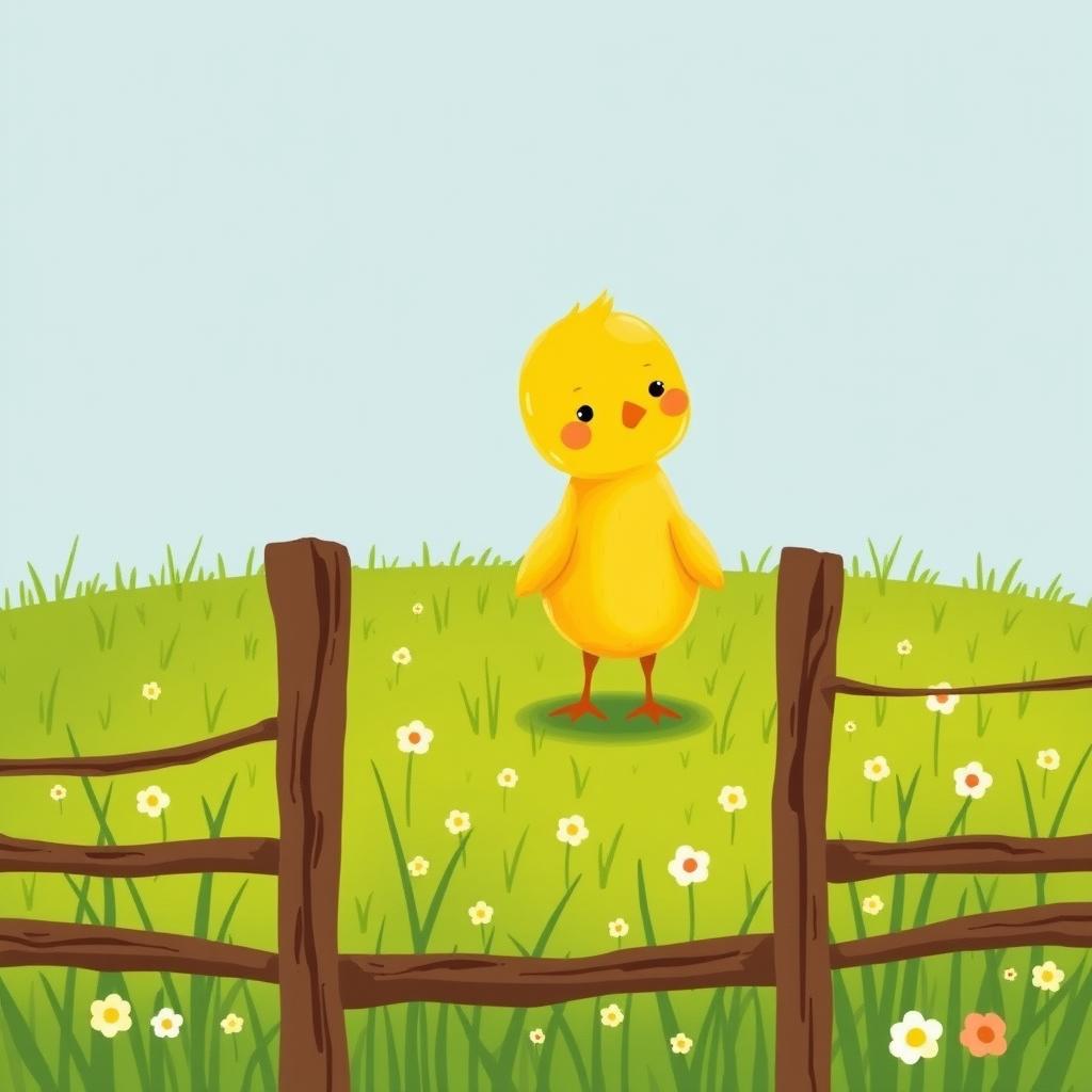 A cute little yellow chick standing confidently in a green farm meadow, surrounded by a rustic fence