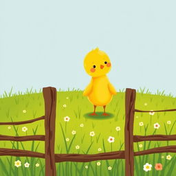 A cute little yellow chick standing confidently in a green farm meadow, surrounded by a rustic fence