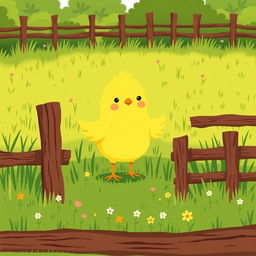A cute little yellow chick standing confidently in a green farm meadow, surrounded by a rustic fence