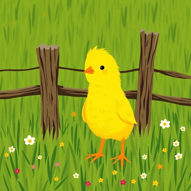 A cute little yellow chick standing confidently in a green farm meadow, surrounded by a rustic fence