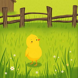 A cute little yellow chick standing confidently in a green farm meadow, surrounded by a rustic fence