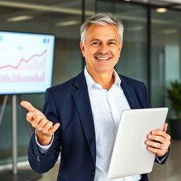 A professional portrait of a confident SEO expert, standing in front of a modern office setting