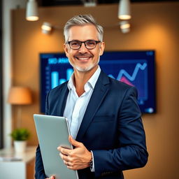 A professional portrait of a confident SEO expert, standing in front of a modern office setting