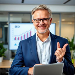 A professional portrait of a confident SEO expert, standing in front of a modern office setting