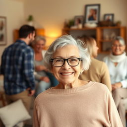 A happy old woman with gray hair and glasses, surrounded by friends and family, all depicted from behind