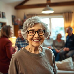 A happy old woman with gray hair and glasses, surrounded by friends and family, all depicted from behind
