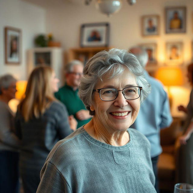 A happy old woman with gray hair and glasses, surrounded by friends and family, all depicted from behind