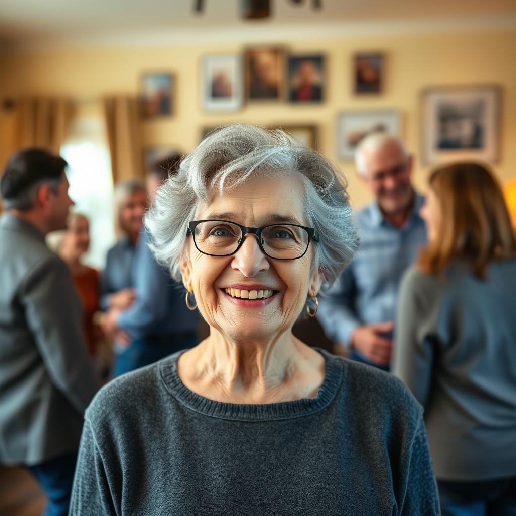 A happy old woman with gray hair and glasses, surrounded by friends and family, all depicted from behind