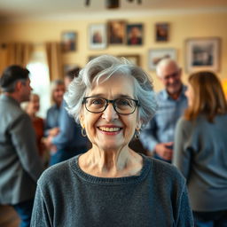 A happy old woman with gray hair and glasses, surrounded by friends and family, all depicted from behind