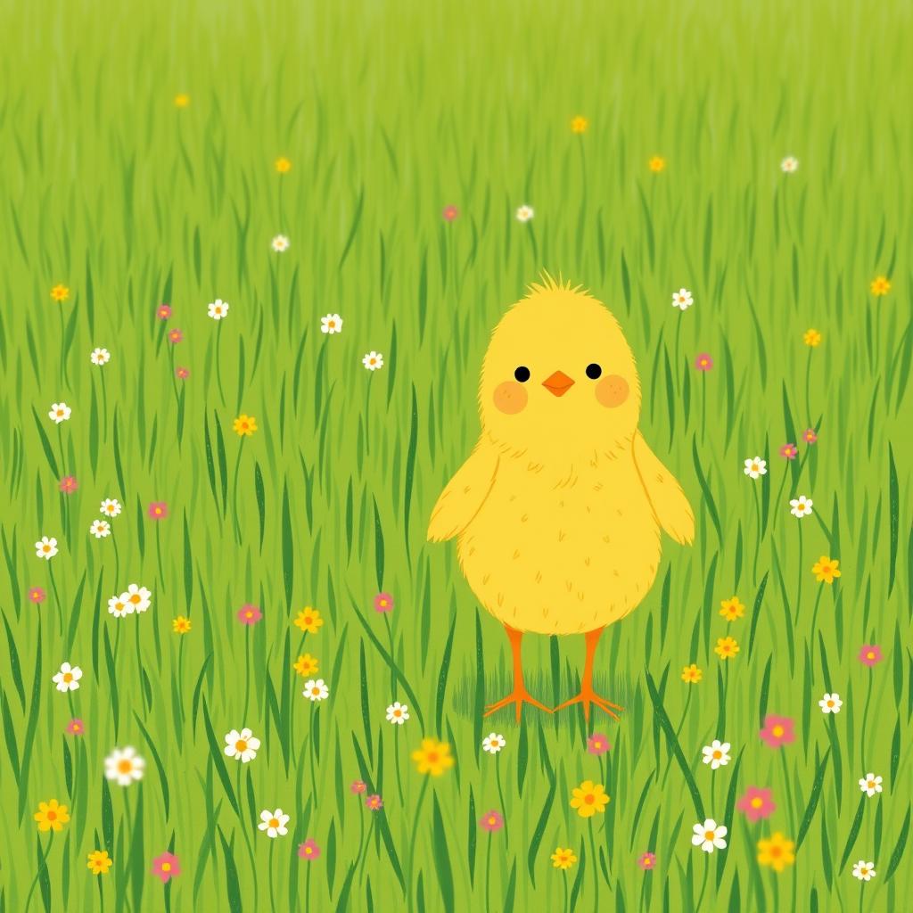 A confident little yellow chick standing proudly in a lush green farm meadow, surrounded by small, colorful flowers scattered throughout the grass