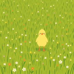 A confident little yellow chick standing proudly in a lush green farm meadow, surrounded by small, colorful flowers scattered throughout the grass