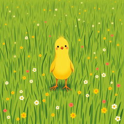 A confident little yellow chick standing proudly in a lush green farm meadow, surrounded by small, colorful flowers scattered throughout the grass
