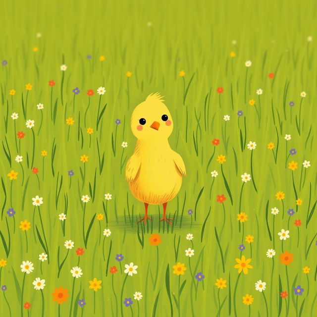 A confident little yellow chick standing proudly in a lush green farm meadow, surrounded by small, colorful flowers scattered throughout the grass