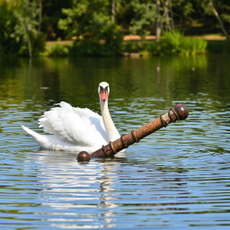 A majestic white swan gracefully swimming next to a rustic, weathered anchor partially submerged in a serene lake