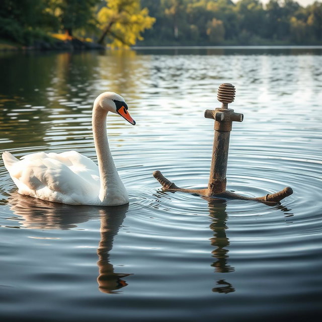 A majestic white swan gracefully swimming next to a rustic, weathered anchor partially submerged in a serene lake