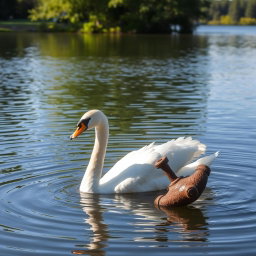 A majestic white swan gracefully swimming next to a rustic, weathered anchor partially submerged in a serene lake