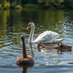 A majestic white swan gracefully swimming next to a rustic, weathered anchor partially submerged in a serene lake
