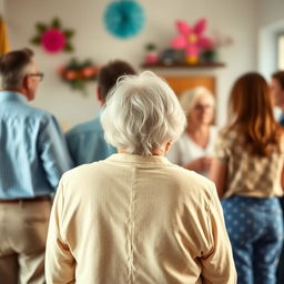 An old woman viewed from behind, surrounded by friends and family, all shown from behind without revealing their faces
