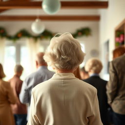 An old woman viewed from behind, surrounded by friends and family, all shown from behind without revealing their faces