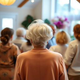 An old woman viewed from behind, surrounded by friends and family, all shown from behind without revealing their faces