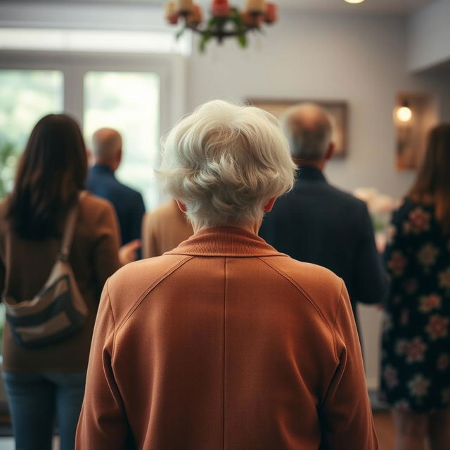 An old woman viewed from behind, surrounded by friends and family, all shown from behind without revealing their faces