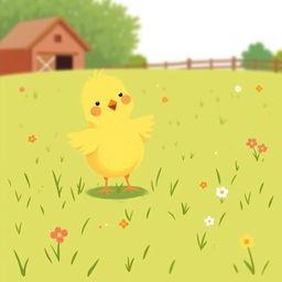A delightful scene featuring a happy and confident little yellow chick joyfully standing in a green farm meadow
