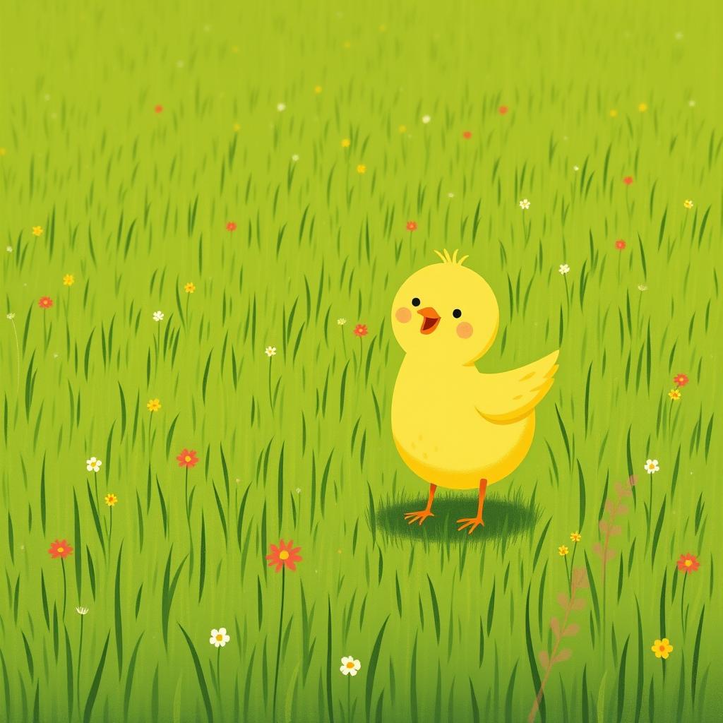 A delightful scene featuring a happy and confident little yellow chick joyfully standing in a green farm meadow