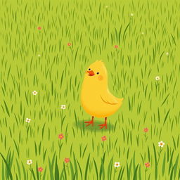 A delightful scene featuring a happy and confident little yellow chick joyfully standing in a green farm meadow