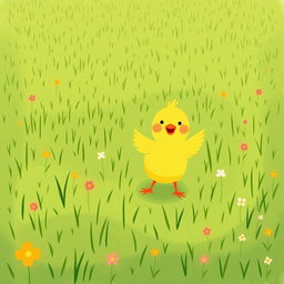 A delightful scene featuring a happy and confident little yellow chick joyfully standing in a green farm meadow