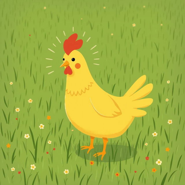 A charming scene featuring a large, cute yellow chicken radiating confidence and happiness while standing in a green farm meadow