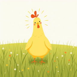 A charming scene featuring a large, cute yellow chicken radiating confidence and happiness while standing in a green farm meadow
