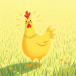 A charming scene featuring a large, cute yellow chicken radiating confidence and happiness while standing in a green farm meadow
