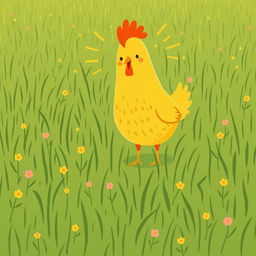 A charming scene featuring a large, cute yellow chicken radiating confidence and happiness while standing in a green farm meadow