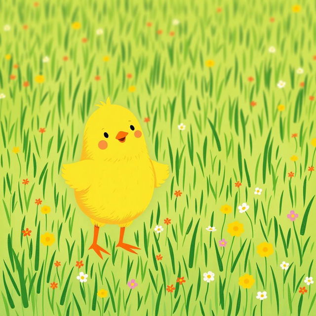 A cheerful and confident little yellow chick joyfully standing in a vibrant green farm meadow, where the ground is peppered with small blades of grass and tiny colorful flowers