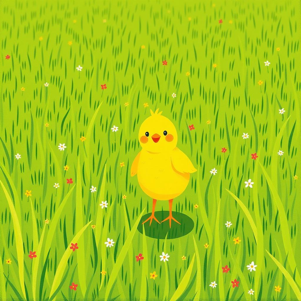 A cheerful and confident little yellow chick joyfully standing in a vibrant green farm meadow, where the ground is peppered with small blades of grass and tiny colorful flowers