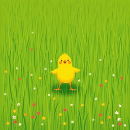 A cheerful and confident little yellow chick joyfully standing in a vibrant green farm meadow, where the ground is peppered with small blades of grass and tiny colorful flowers