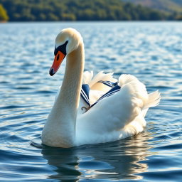 A white swan gracefully swimming on a serene lake, adorned with an anchor necklace and wearing a classic sailor shirt
