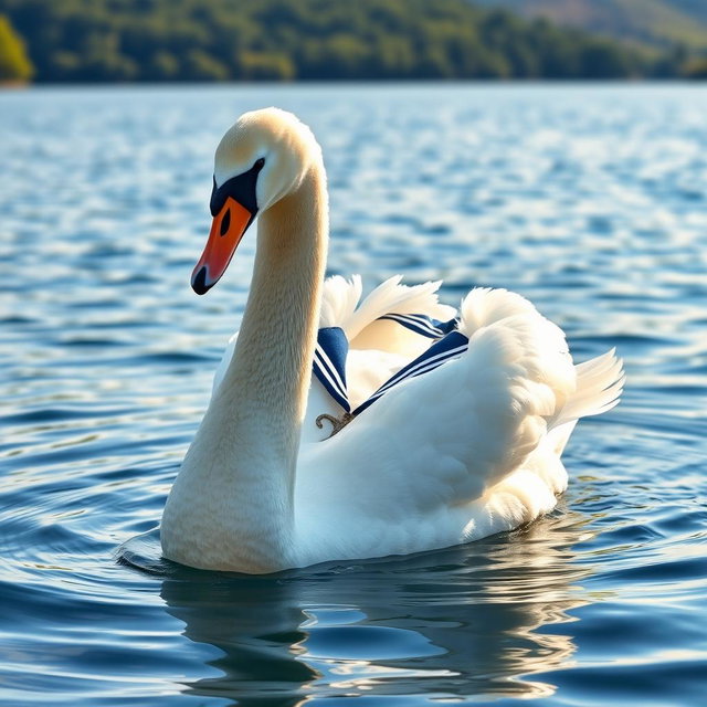 A white swan gracefully swimming on a serene lake, adorned with an anchor necklace and wearing a classic sailor shirt