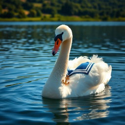 A white swan gracefully swimming on a serene lake, adorned with an anchor necklace and wearing a classic sailor shirt