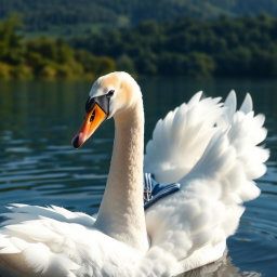 A white swan gracefully swimming on a serene lake, adorned with an anchor necklace and wearing a classic sailor shirt