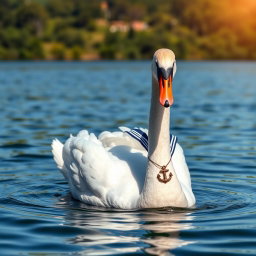 A white swan gracefully swimming on a serene lake, adorned with an anchor necklace and wearing a classic sailor shirt