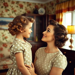 A young girl from the 1950s gazing in admiration at her mother's beautiful face