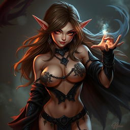 A female seductive halfling character, exuding an aura of intrigue and dark magic