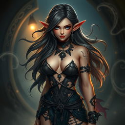 A female seductive halfling character, exuding an aura of intrigue and dark magic