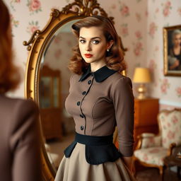 A young woman in the 1950s dressed in a stylish vintage outfit with a fitted dress and petticoat, admiring herself in an ornate mirror