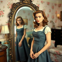 A young woman in the 1950s dressed in a stylish vintage outfit with a fitted dress and petticoat, admiring herself in an ornate mirror