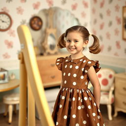 A young girl in the 1950s, wearing a brown dress adorned with white polka dots, admiring herself in a vintage mirror
