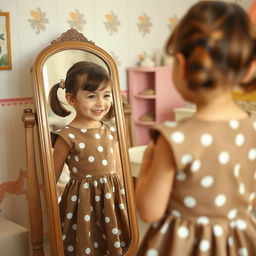 A young girl in the 1950s, wearing a brown dress adorned with white polka dots, admiring herself in a vintage mirror